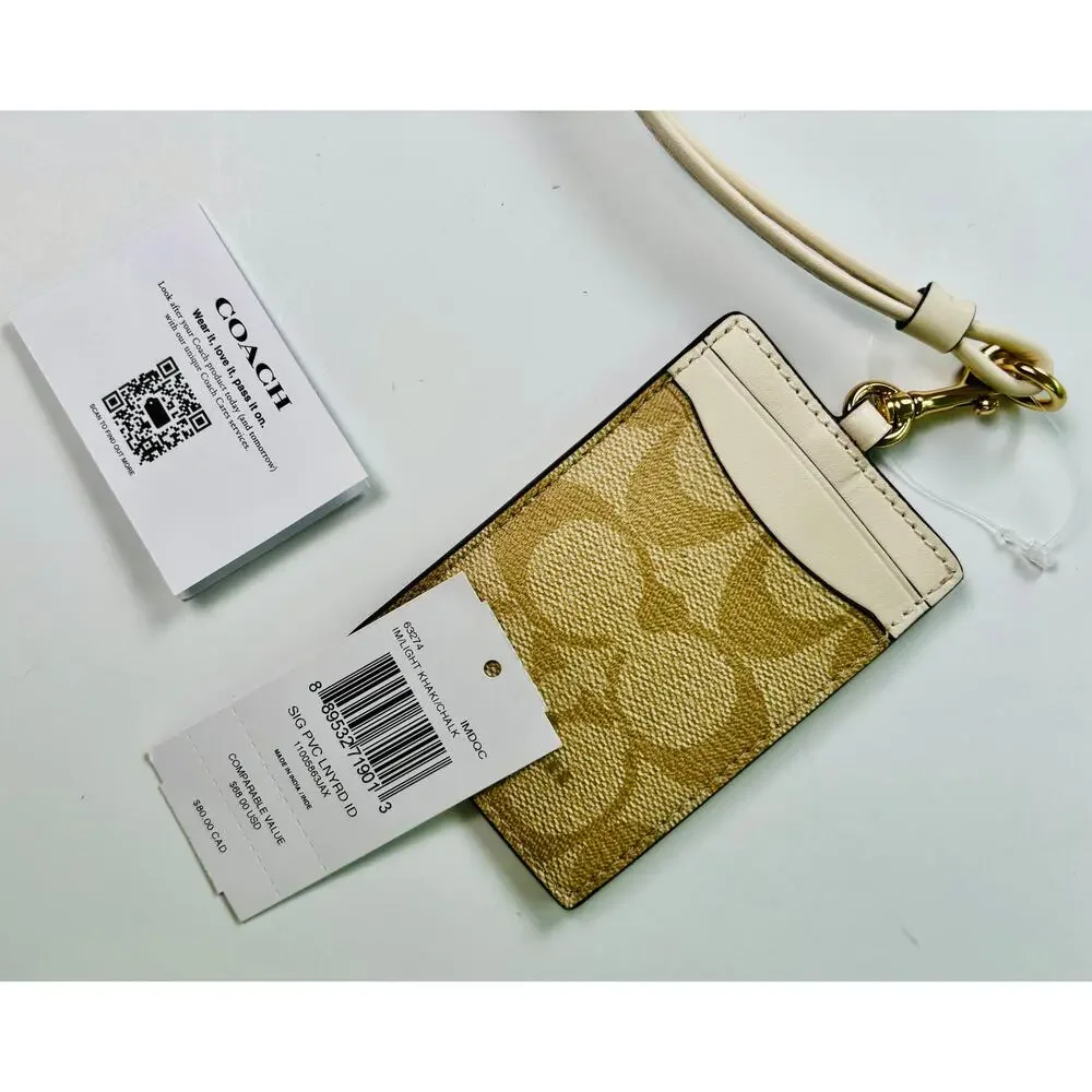 Coach Lanyard Signature Logo ID Holder NWT Coated Canvas with Leather Details